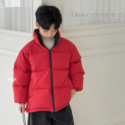 瑭伽儿童羽绒服2025冬款男童立领外套女童加厚两面穿红色上衣2551