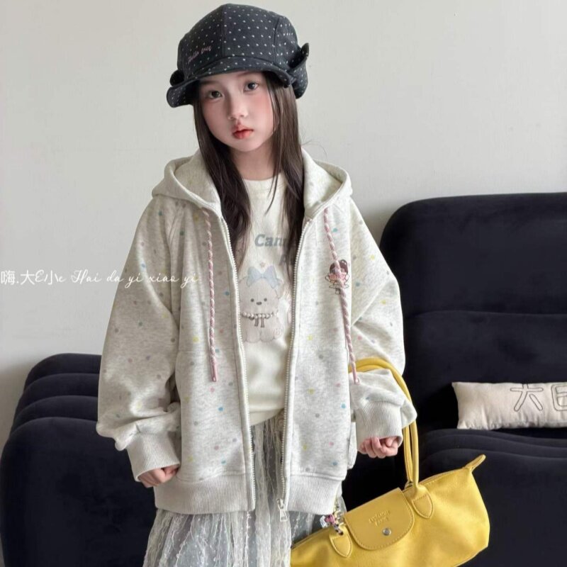 大E小e儿童外套2026秋女童波点夹克衫宝宝卡通印花针织连帽衫9152图片