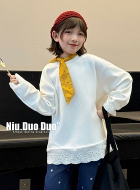 牛哆哆打底衫2025秋冬中大童磨毛T恤女童加绒花边拼接潮卫衣69191