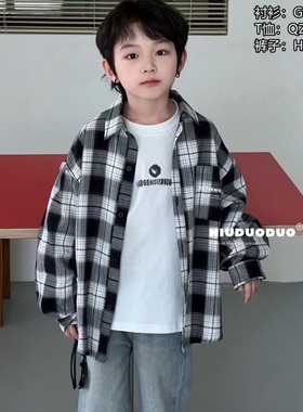 牛哆哆童装2025春季新款男童格子衬衫女童休闲百搭宽松外套68983