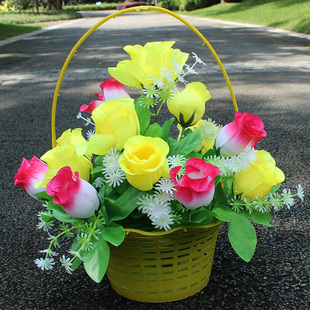 绢花玫瑰花篮仿真花公墓装饰花塑料花清明花假花扫墓花上坟花祭祖
