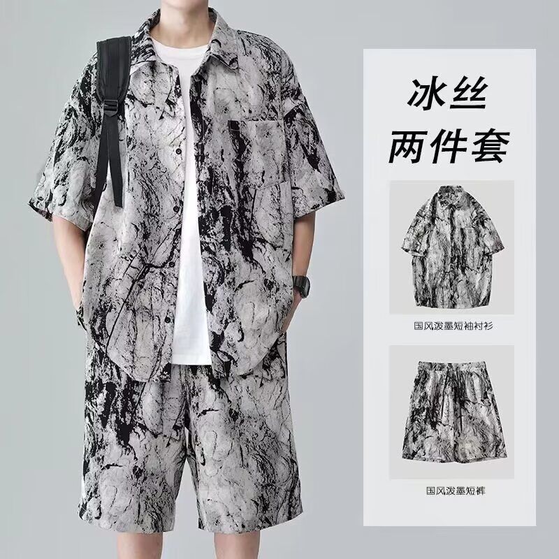 2024港风新款夏新复古冰丝短袖衬衫短裤男透气垂感两件套装2024年
