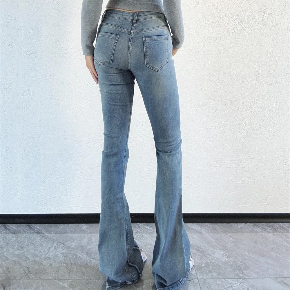 复古浅蓝色微喇叭拖地牛仔裤长裤