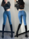 欧美浅蓝秋季 蜜桃臀中高腰小脚裤 两粒扣辣妹棉弹牛仔裤 女显瘦修身
