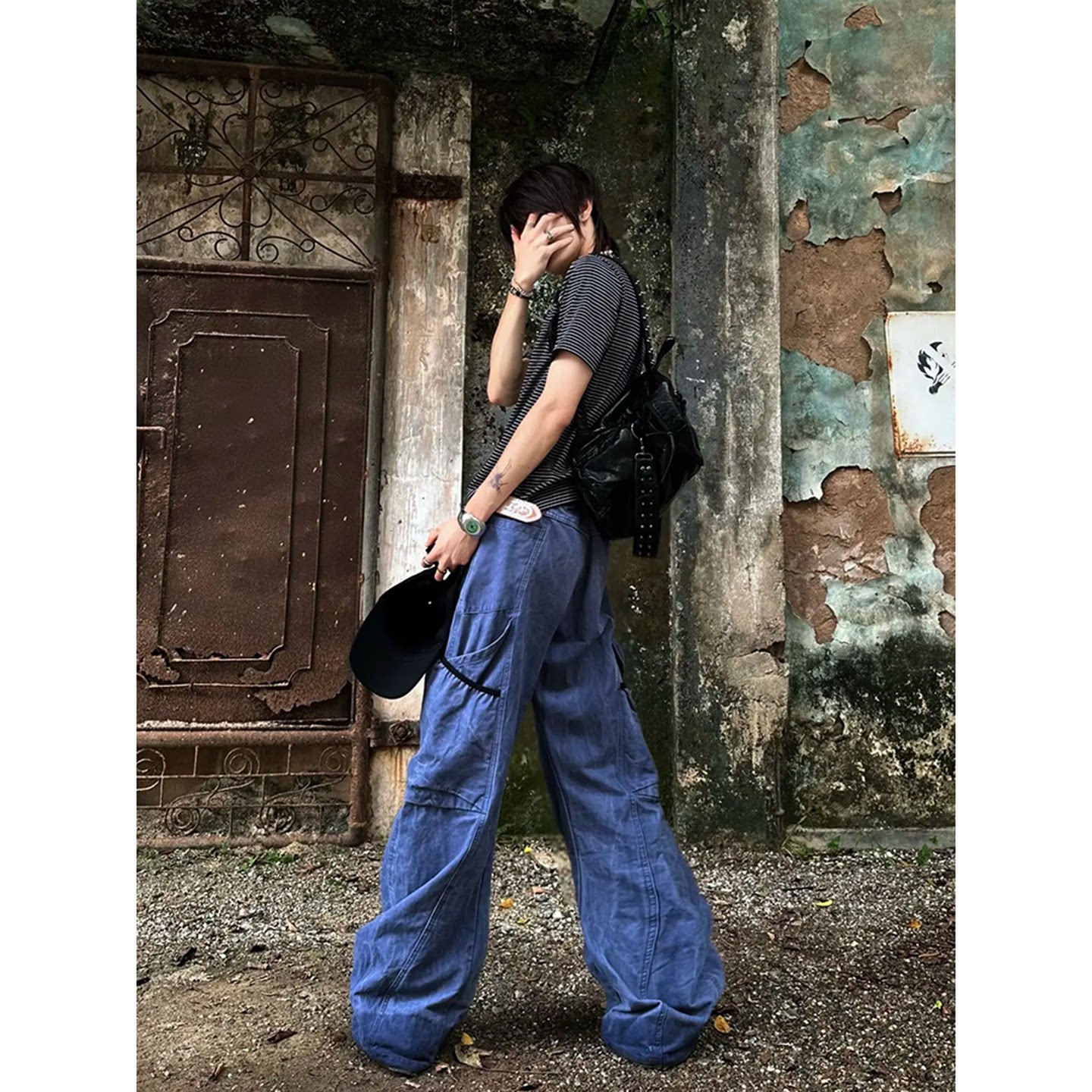 法工蓝交叉多口袋工装裤男款美式图片