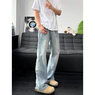 复古蓝弯刀牛仔裤男秋季美式高街