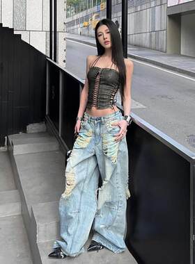 美式街头低腰阔腿破洞牛仔裤男