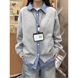 假两件格子拼接开衫卫衣男生早秋通勤穿搭cleanfit慵懒松弛感外套