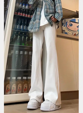 白色弯刀牛仔裤男夏季美式高街修身微喇裤子高个子提档高腰直筒裤