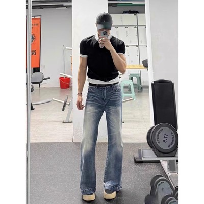 闪电裂纹微喇牛仔裤男款美式复古