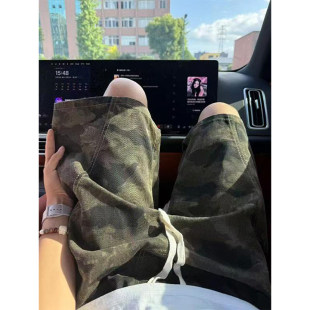 美式迷彩牛仔短裤男款夏外穿潮牌oversize直筒裤子斜切工装五分裤