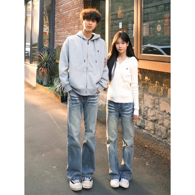 渐变蓝猫须闪电纹弯刀牛仔裤男款