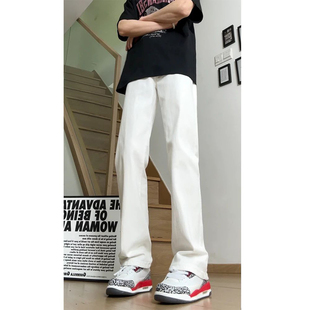 白色弯刀弹力牛仔裤男款夏季薄款美式高街裤子直筒修身休闲微喇裤