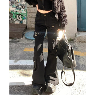 美式高街黑色微喇牛仔裤男女2025春秋新款修身显瘦绑带直筒工装裤