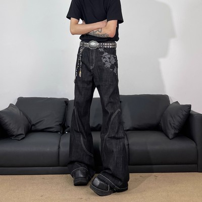 美式覆古牛仔裤男款布贴原牛黑色