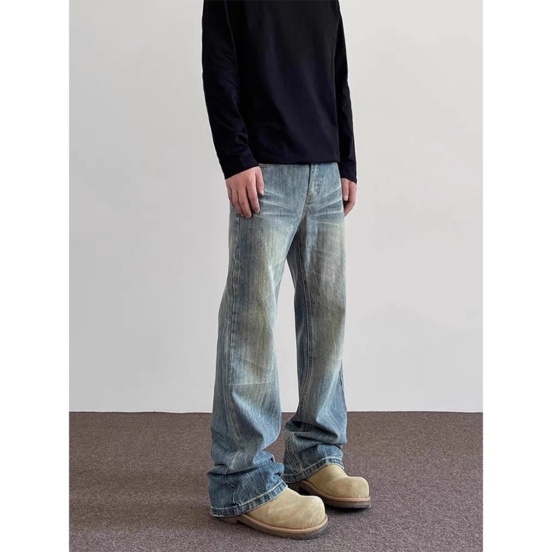 水洗做旧竹节纹牛仔裤男潮牌美式