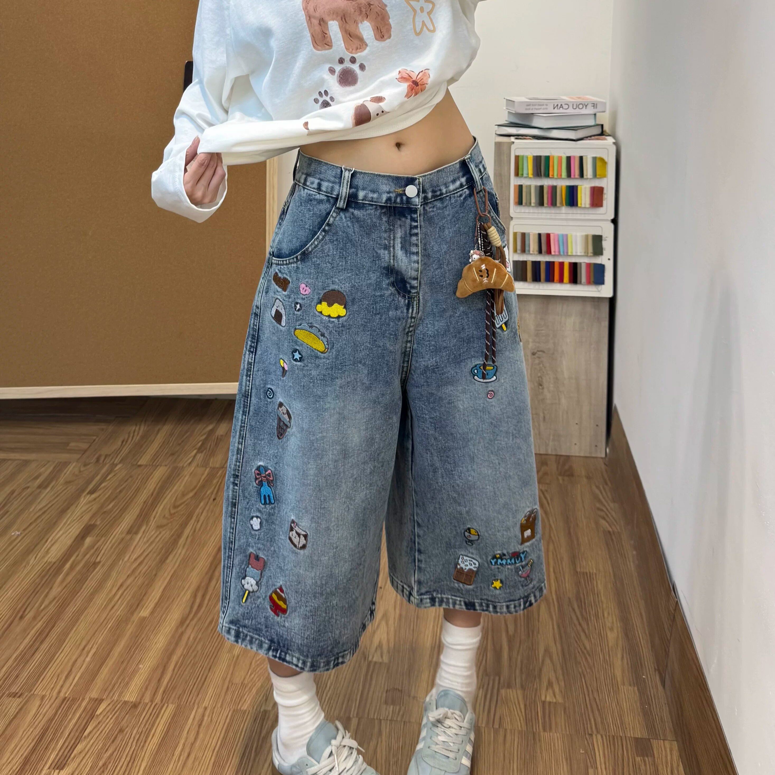 夏季男款卡通刺绣宽松七分牛仔裤图片