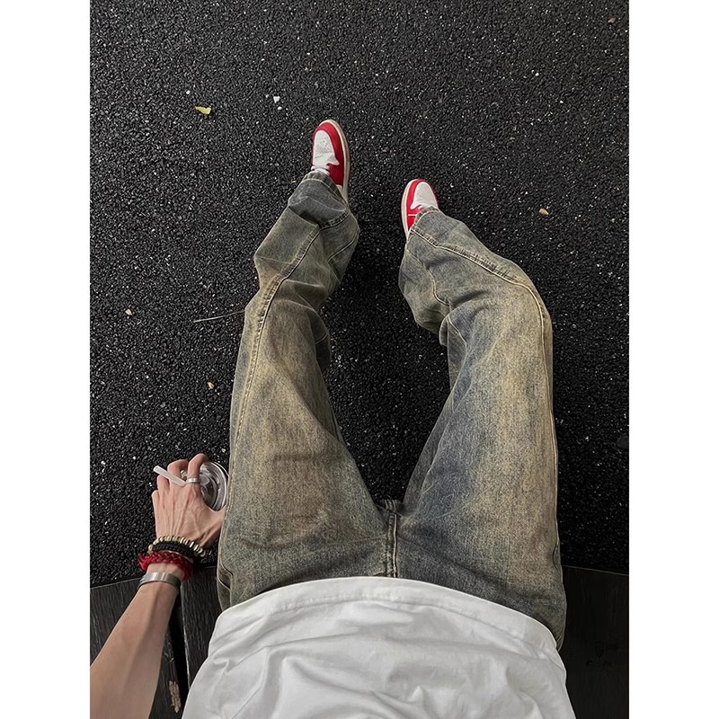 美式复古黄泥染牛仔裤男春秋新款高街vibe裤子直筒宽松阔腿休闲裤