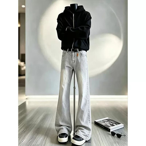 美式复古烟灰色微喇牛仔裤男秋季修身显瘦弯刀裤子cleanfit直筒裤