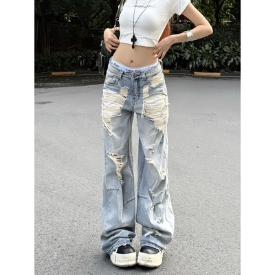 复古做旧破洞牛仔裤男夏季高腰
