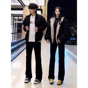 怪兽实验室黑色柳叶弯刀牛仔裤男款美式高街加绒加厚直筒微喇裤子