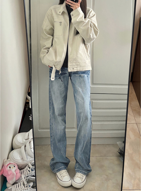 promiseme闪电纹牛仔裤男款美式高街vibe裤子高腰修身直筒微喇裤