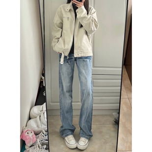 promiseme闪电纹牛仔裤男款美式高街vibe裤子高腰修身直筒微喇裤