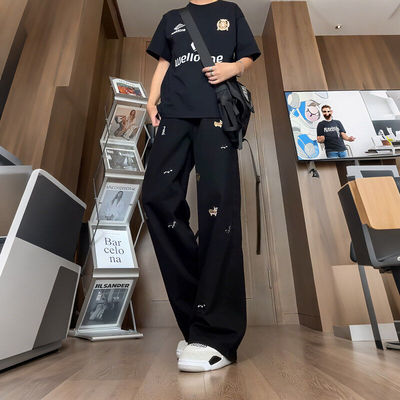 美式复古小狗刺绣牛仔裤男