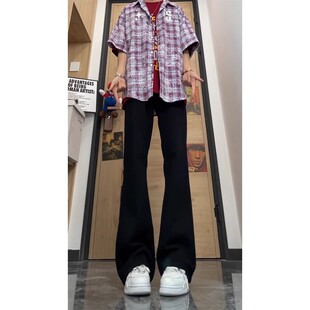 黑色中高腰软牛仔裤男款显瘦ootd美式vibe裤子直筒宽松阔腿微喇裤