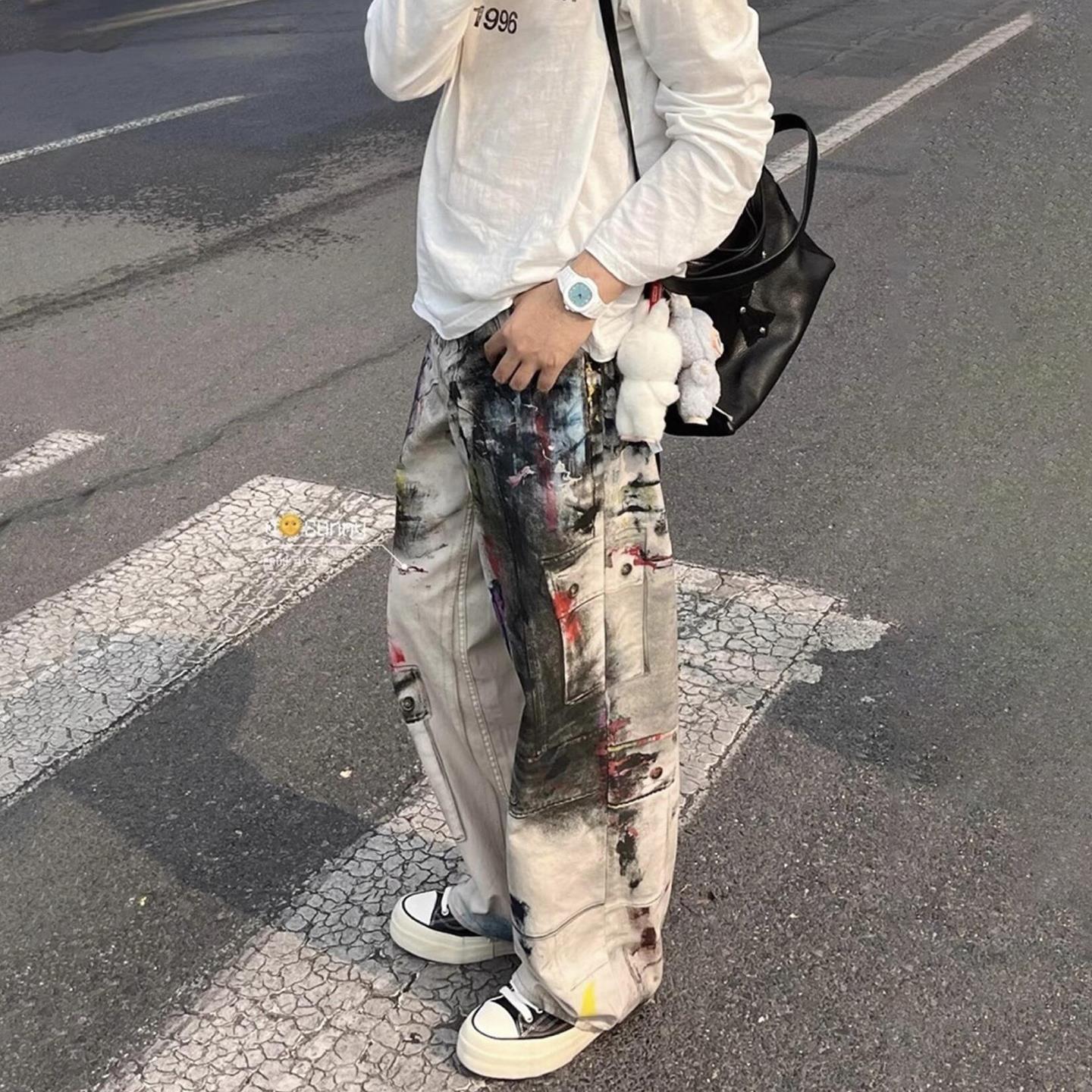 涂鸦设计感牛仔裤男休闲宽松长裤