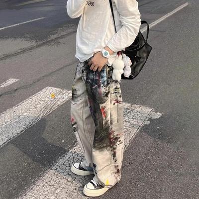 涂鸦设计感牛仔裤男休闲宽松长裤