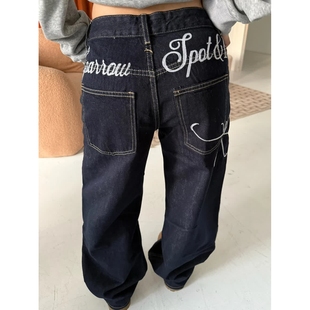 男女深蓝色宽松休闲百搭直筒裤 JIAONI美式 复古水洗字母刺绣牛仔裤