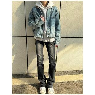 纪璇美式drill水洗做旧弯刀牛仔裤男cleanfit复古直筒显瘦微喇裤