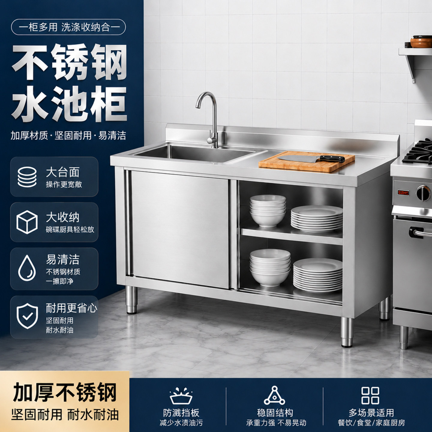 不锈钢洗菜盆一体柜国标201厨房水池柜工作台饭店商用实厚水槽柜