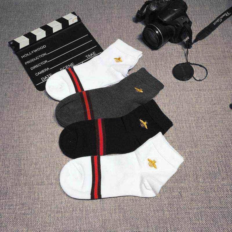 五双 秋冬袜子小蜜蜂金丝刺绣条纹高筒男袜中筒防臭透气袜纯棉女