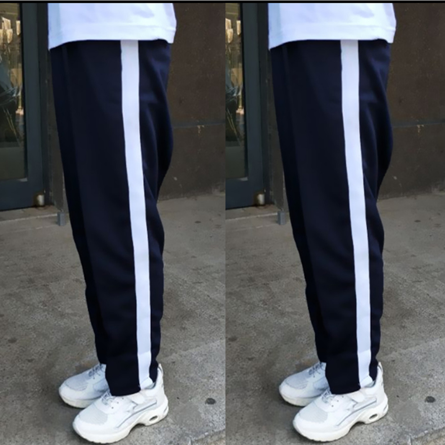 男女高中生两条杠深蓝色校服裤子