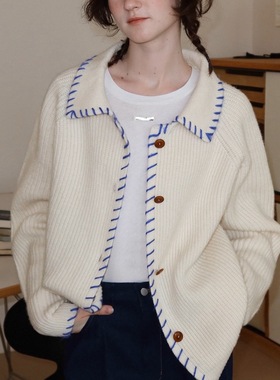 冰岛蓝Iceland'650g高克重手工撞色100绵羊毛针织开衫毛衣女