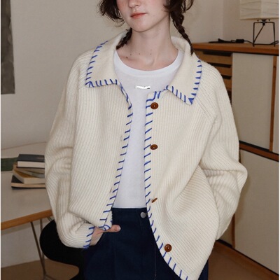 冰岛蓝Iceland'650g高克重手工撞色100绵羊毛针织开衫毛衣女