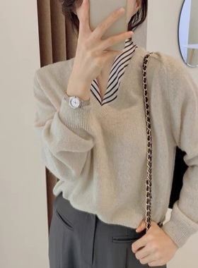 春秋高级感法式v领针织衫女设计感小众内搭打底毛衣洋气温柔上衣