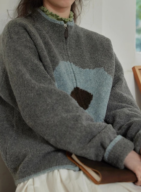 复古撞色花朵拉链针织开衫女秋冬慵懒风软糯毛衣外套