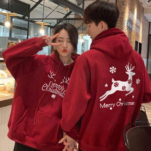 圣诞节卡通麋鹿大红色卫衣连帽男女大学生情侣装闺蜜服连帽加绒潮