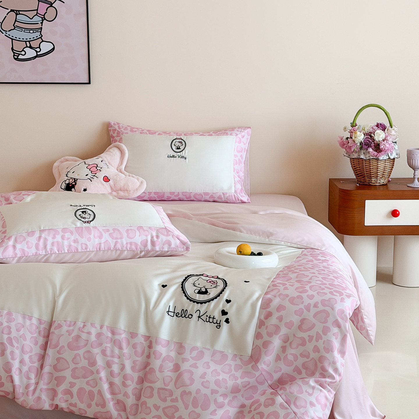 夏季少女轻奢Hello Kitty卡通四件套粉色豹纹床品套件可爱少女心