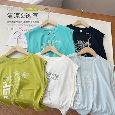 【狠薄冰网眼背心】中大童亮色薄软背心机器人烫花一字肩T恤