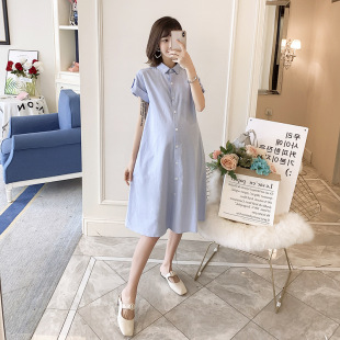 新款 2023夏季 时尚 宽松翻领衬衫 衬衣裙子 大码 裙中长款 女孕妇装
