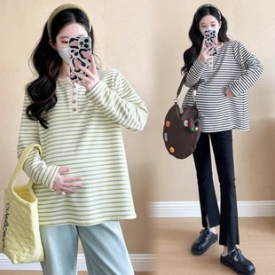春季 条纹V领宽松百搭显瘦孕妇长袖 上衣2025新款 时尚 T恤 韩版 孕妇装