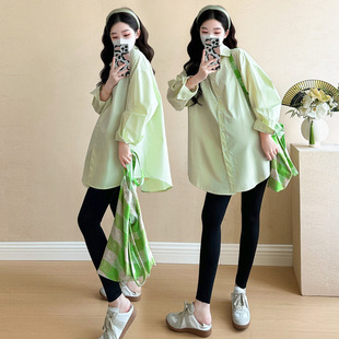 韩版 宽松显瘦减龄中长款 休闲衬衫 2025孕妇装 潮妈套装 新款 时尚 春装