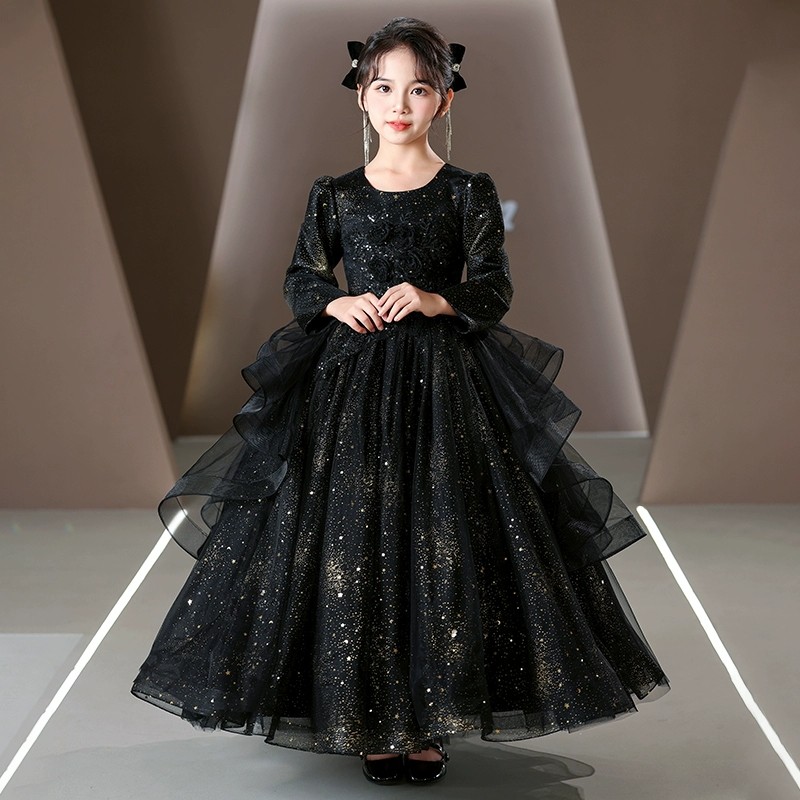 女童礼服裙春秋款儿童走秀蓬蓬裙小女孩黑色公主裙钢琴演出连衣裙