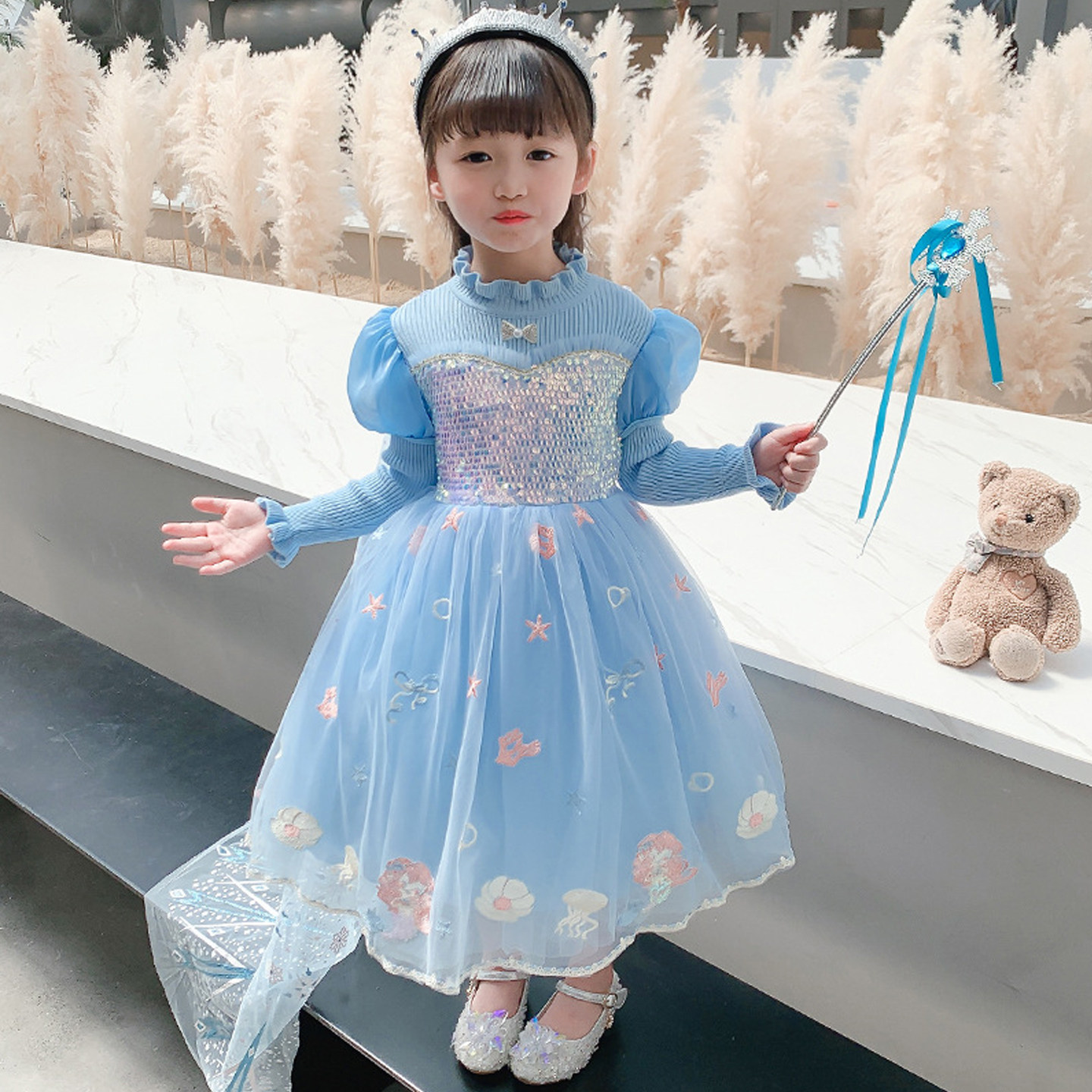 爱莎公主裙女童秋冬针织毛衣裙