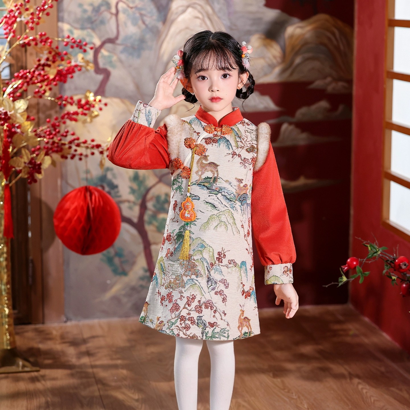 女童旗袍裙冬装加厚小女孩拜年服