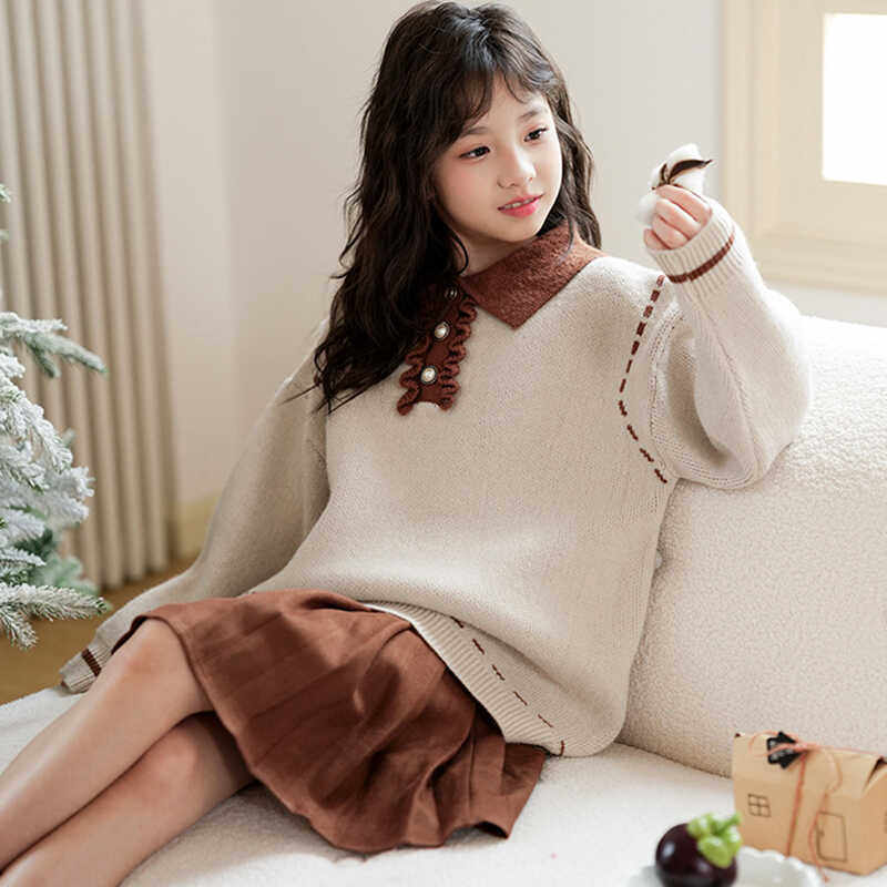 女童秋冬套装2026新款中大童时髦学院风加厚毛衣百褶半身裙两件套